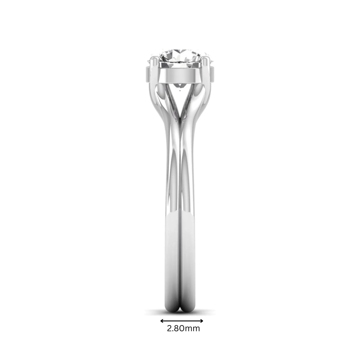 IGI certified 1.04 carat round cut lab grown diamond solitaire engagement ring with elegant split shank in white gold.