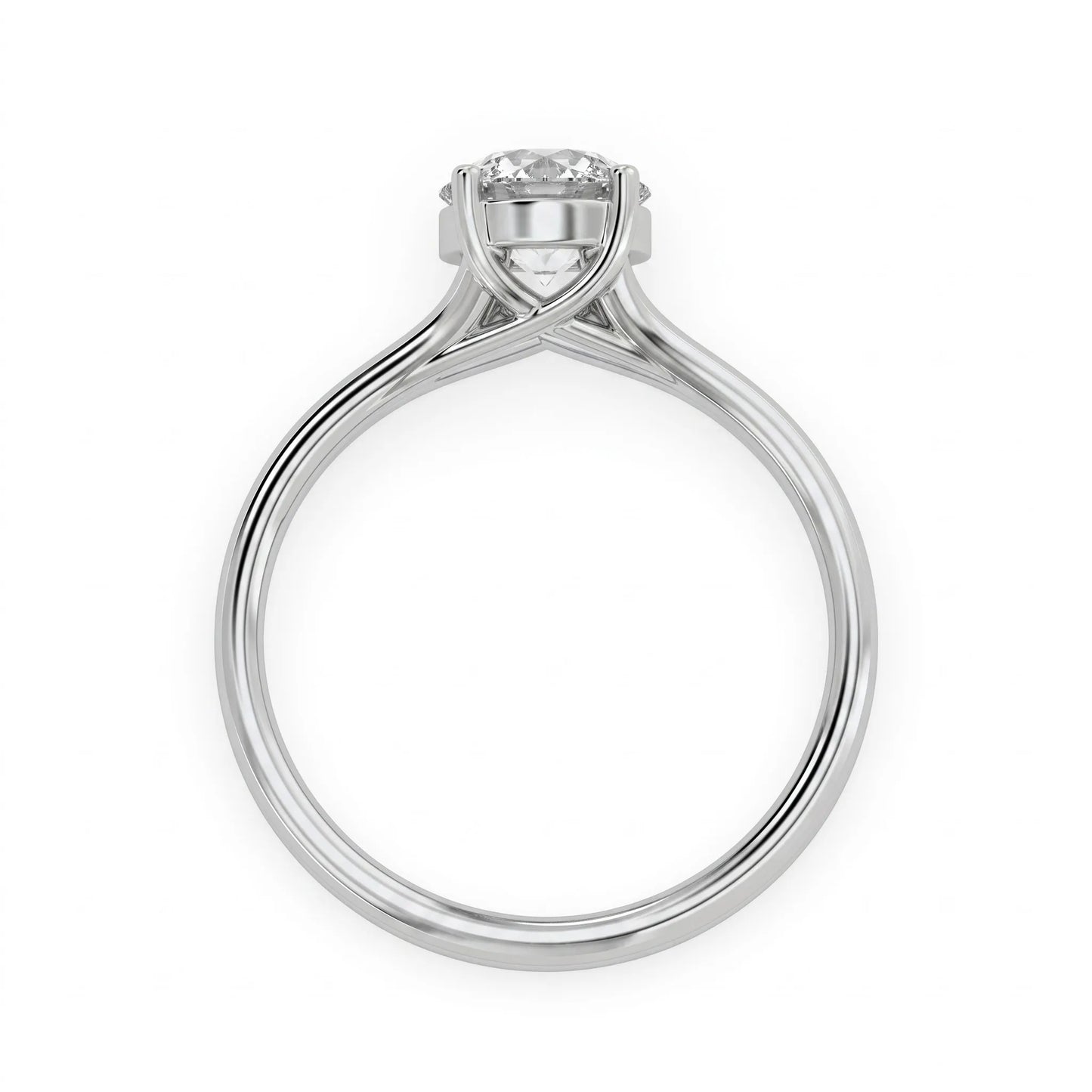 IGI certified 1.04 carat round cut lab grown diamond solitaire engagement ring with elegant split shank in white gold.