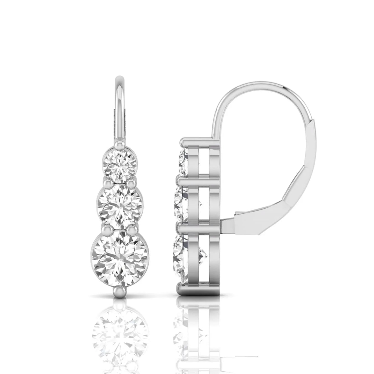 Round cut lab grown diamond graduated three stone drop earrings featuring a shared four-prong setting with secure lever back closure and white gold tone design.