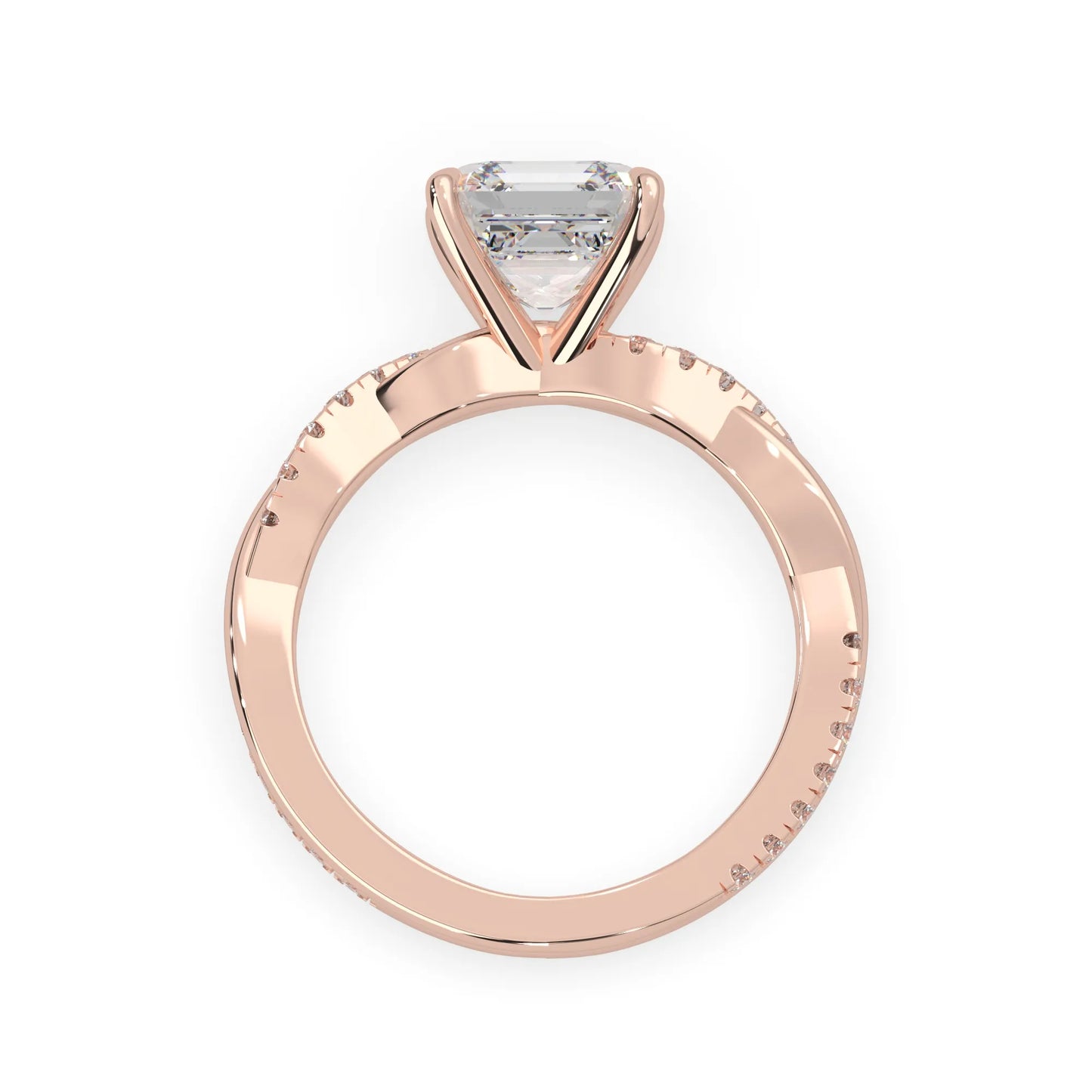 Asscher brilliant lab grown diamond engagement ring with prong setting and twisted pavé diamond band in rose gold tone