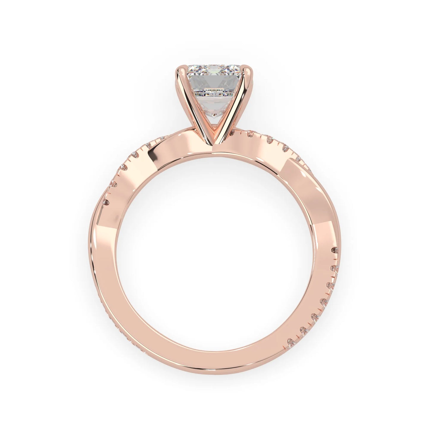 Emerald brilliant lab grown diamond engagement ring with prong setting and twisted pavé diamond band in rose gold tone