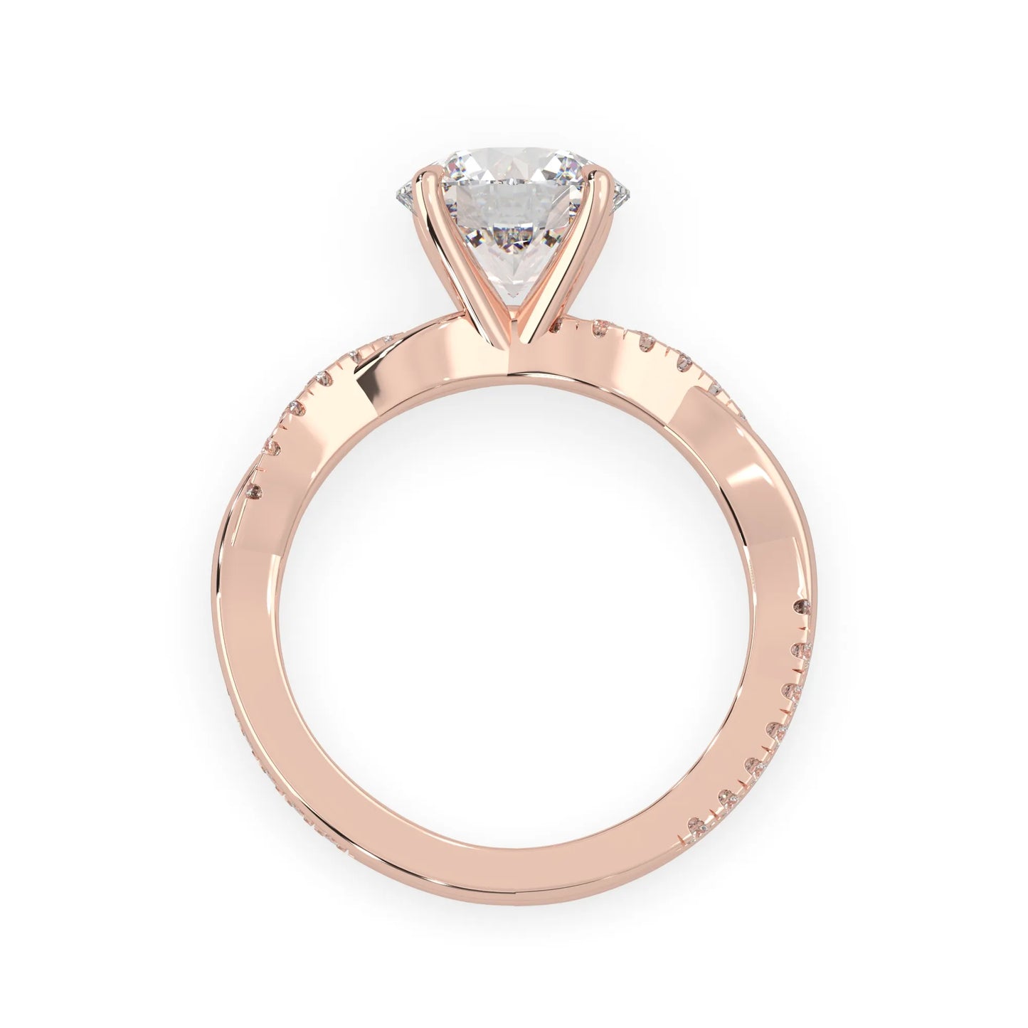 Round brilliant lab grown diamond engagement ring with prong setting and twisted pavé diamond band in rose gold tone