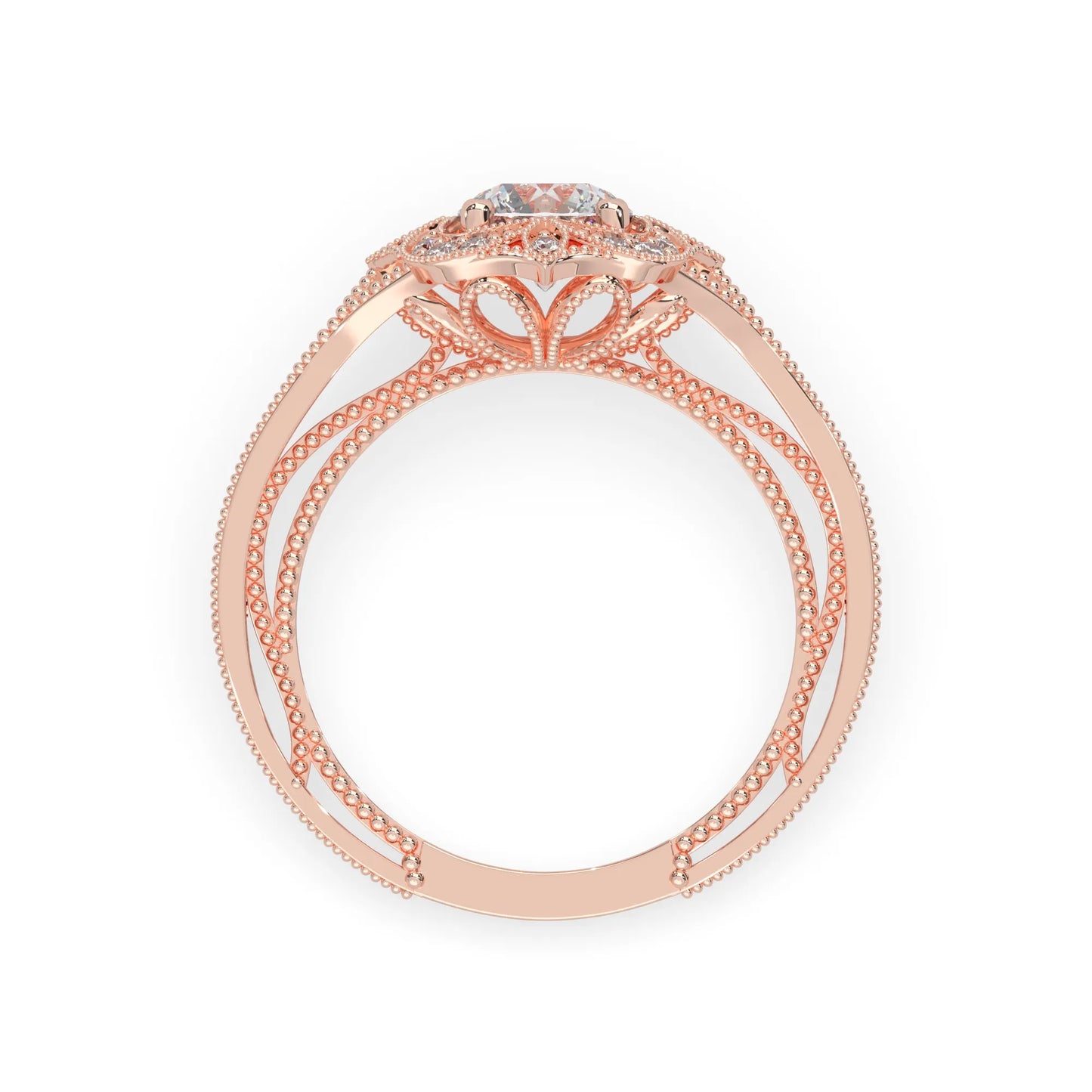 Round vintage halo lab grown diamond pave engagement ring with ornate gold setting and sparkling side diamonds in rose gold