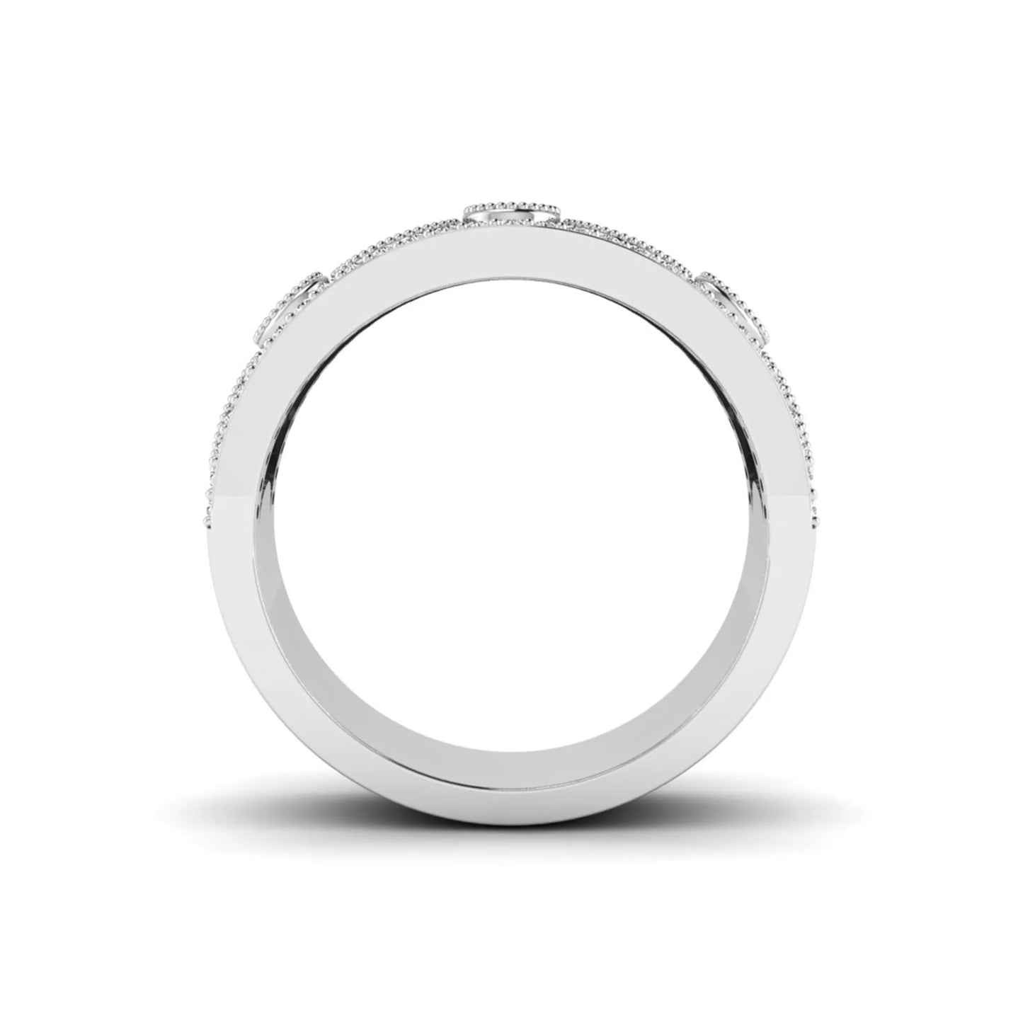 Vintage round lab grown diamond eternity band with milgrain detailing, bezel-set motifs, and pavé diamond edges in white gold