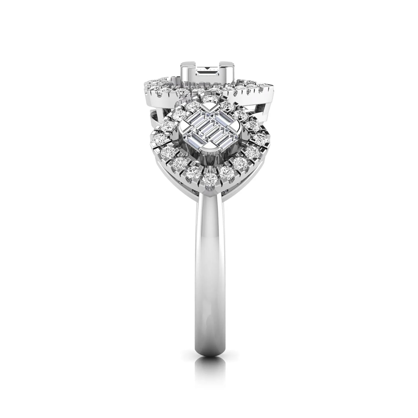 Vintage triple halo lab grown diamond ring featuring baguette and round cut diamonds in an elegant pear-shaped halo design in white gold
