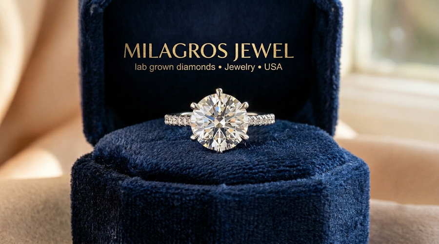 A sparkling lab-grown diamond ring on a navy blue velvet box