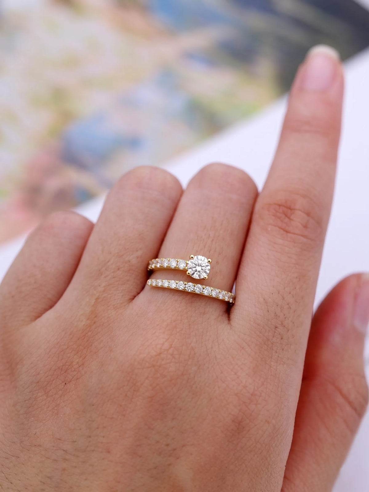 Round Bypass Shank Lab Grown Diamond Open Gap Pave Engagement Ring