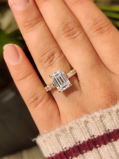 1 Carat Emerald Cut Baguette Side Lab Grown Diamond Engagement Ring