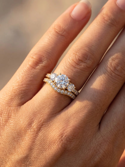 1 Carat Round Cut Three Stone Lab Grown Diamond Bridal Ring Set