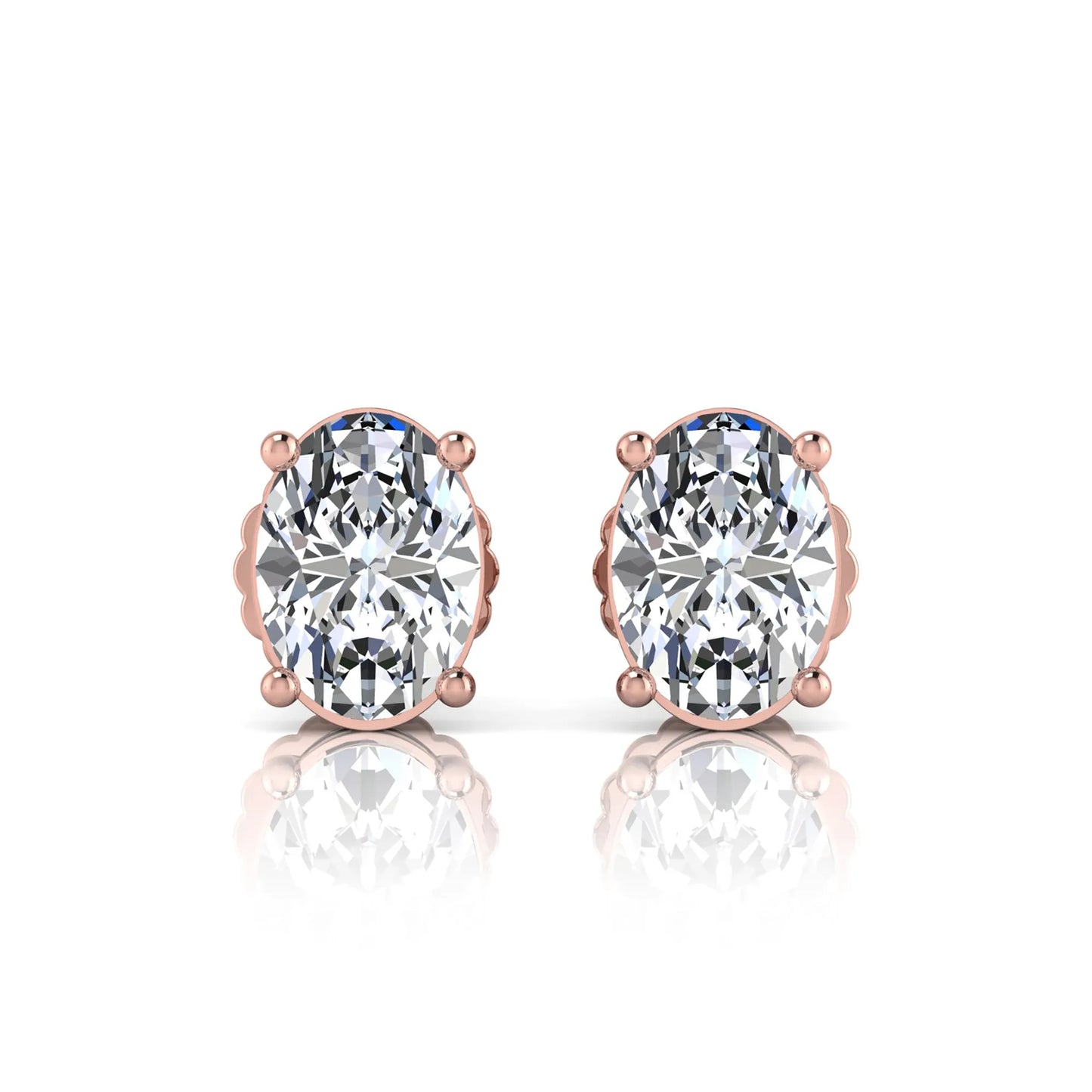Rose gold earrings with large clear lab grown diamonds on a white background