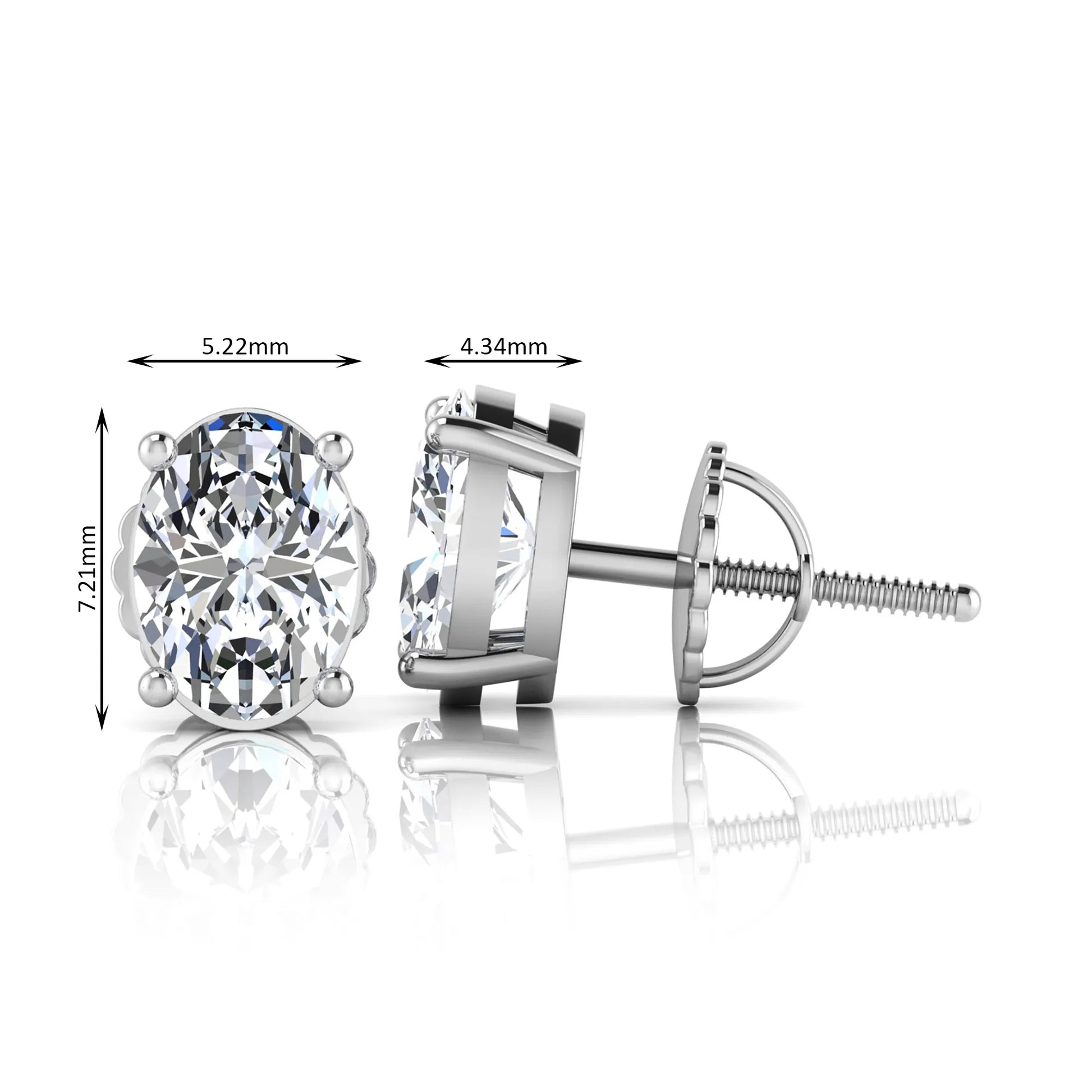 white gold  stud earrings with clear lab grown diamond, showing dimensions on a white background.