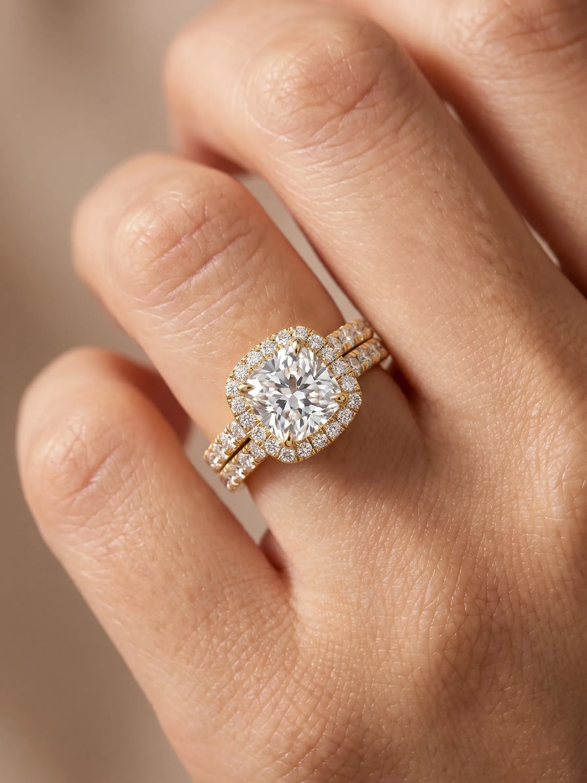 Cushion Halo Bridal Ring Set Lab Grown Diamond