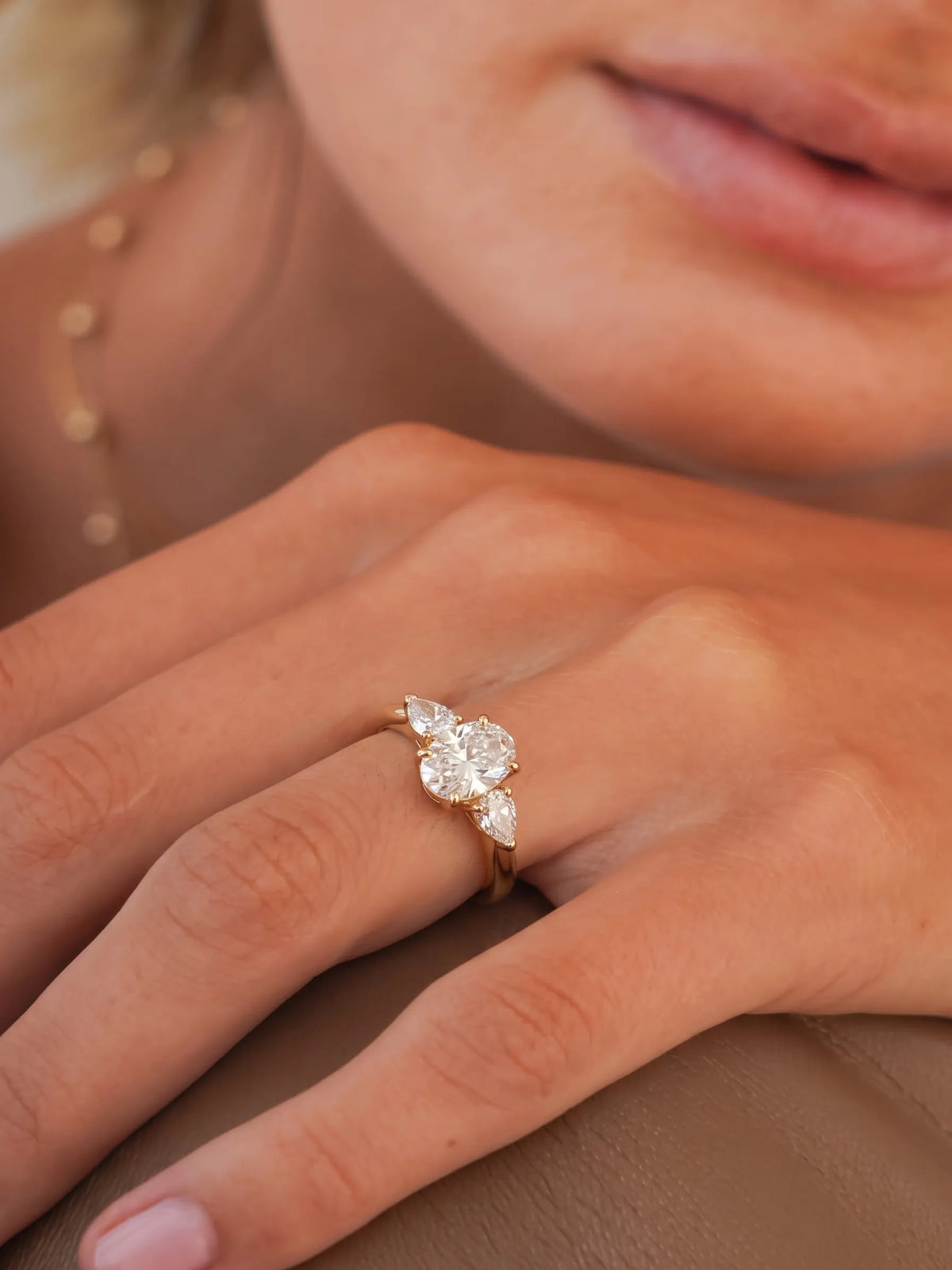2 Carat Oval & Pear Three Stone Lab Grown Diamond Engagement Ring