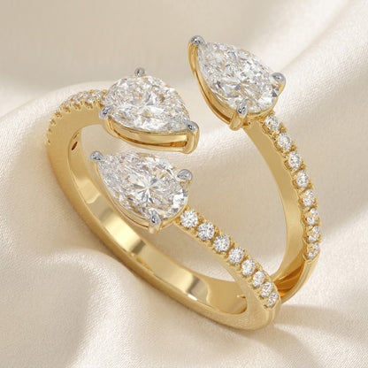 Pear Three Stone Open Gap Lab Grown Diamond Bypass Pave Ring
