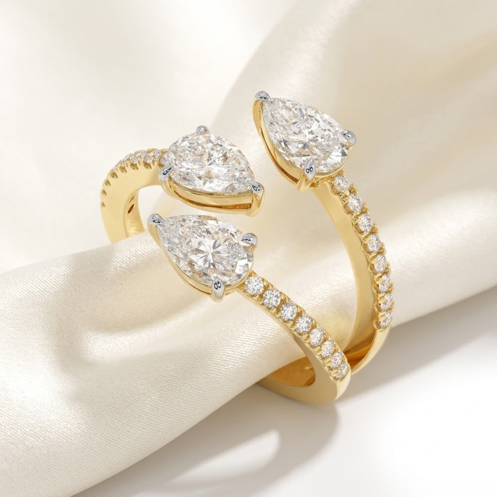 Pear Three Stone Open Gap Lab Grown Diamond Bypass Pave Ring