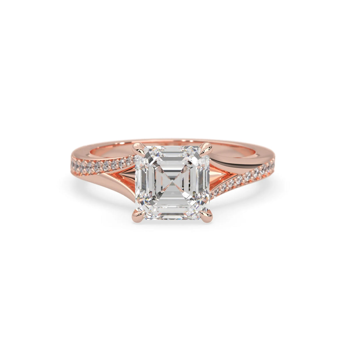 Rose gold ring with a large diamond and smaller diamonds on the band against a white background