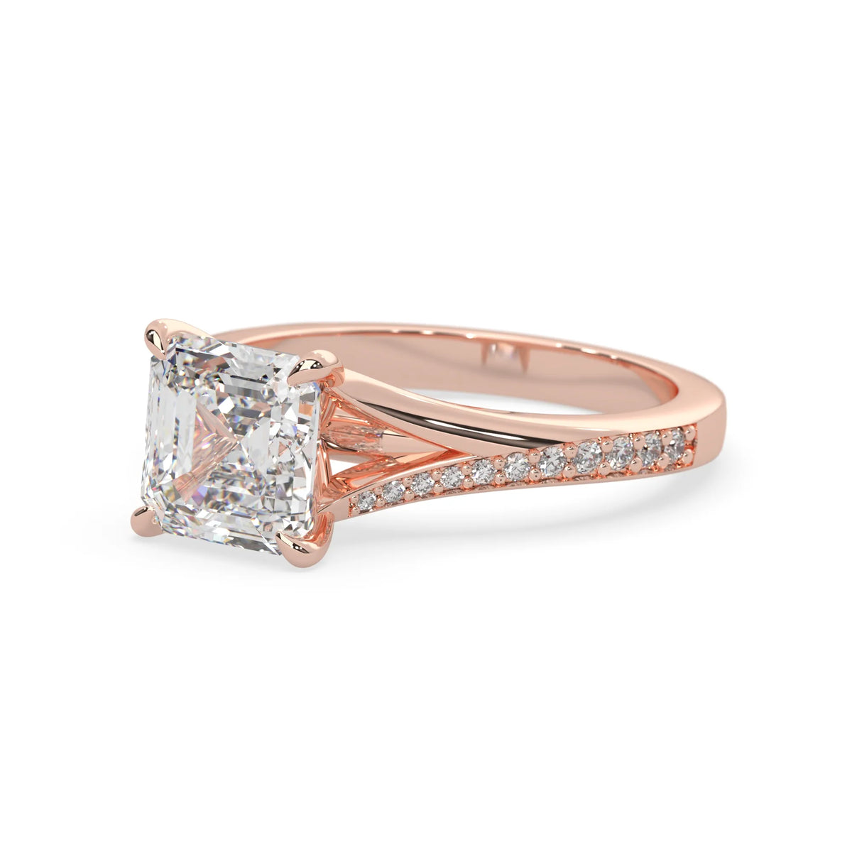 Rose gold ring with a large diamond and smaller diamonds on the band against a white background