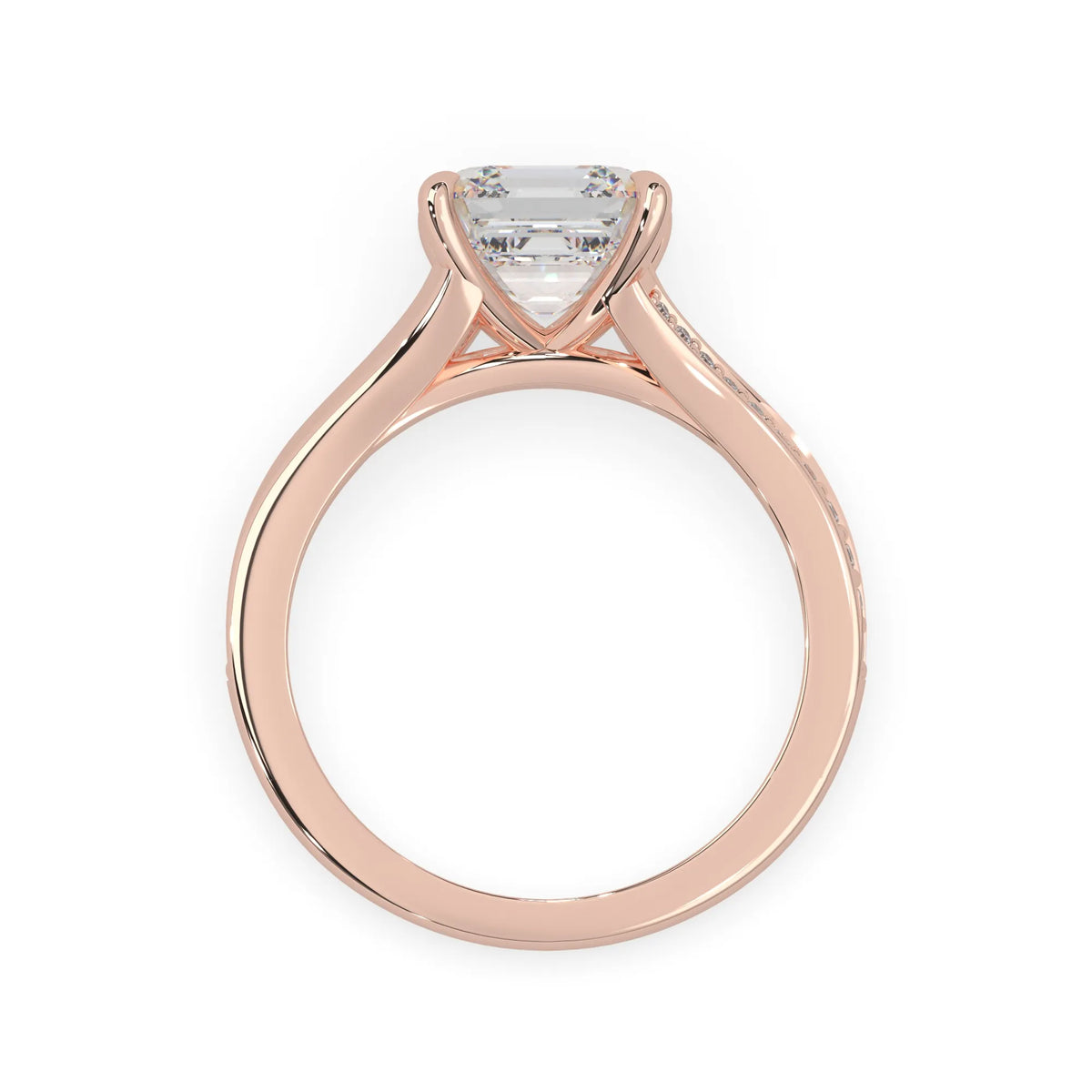 Rose gold ring with a diamond on a white background