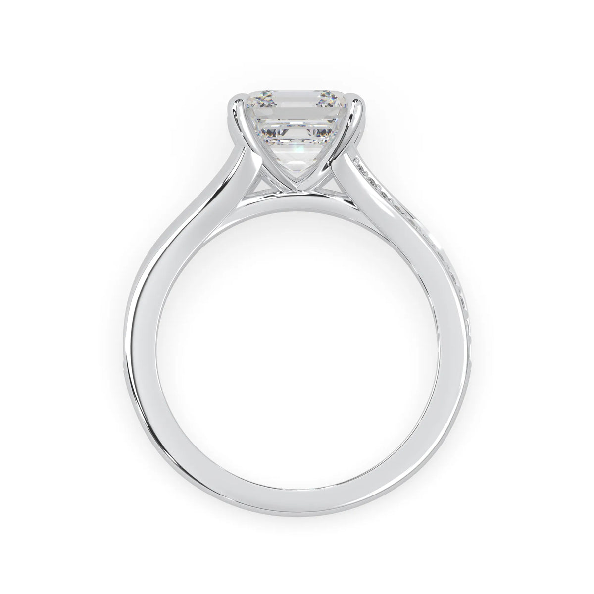 white gold Diamond ring with a clear gemstone on a white background