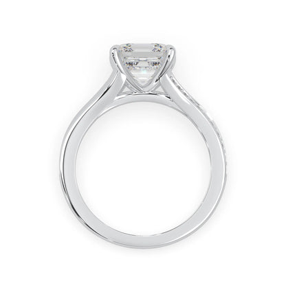 white gold Diamond ring with a clear gemstone on a white background