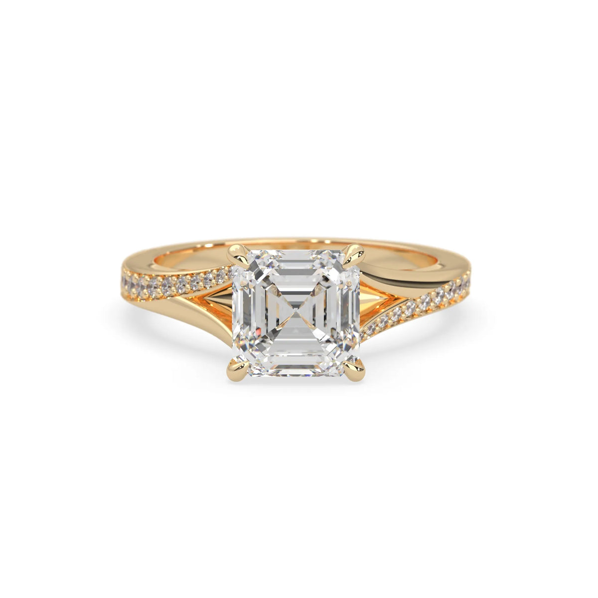 yellow Gold ring with a large diamond on a white background