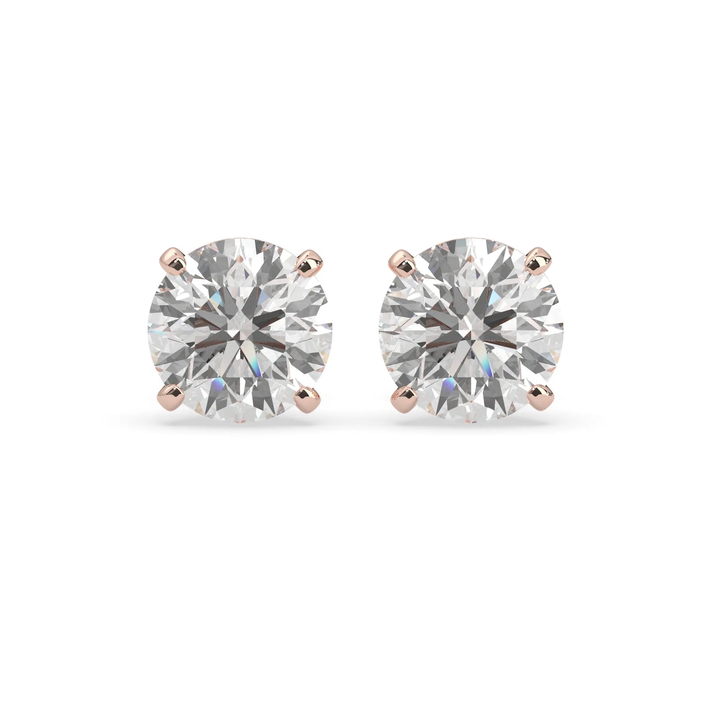 rose gold IGI Certified round cut lab grown diamond stud earrings featuring 8.00 mm diamonds in a classic four-prong basket setting.
