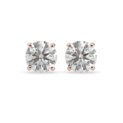 rose gold IGI Certified round cut lab grown diamond stud earrings featuring 8.00 mm diamonds in a classic four-prong basket setting.