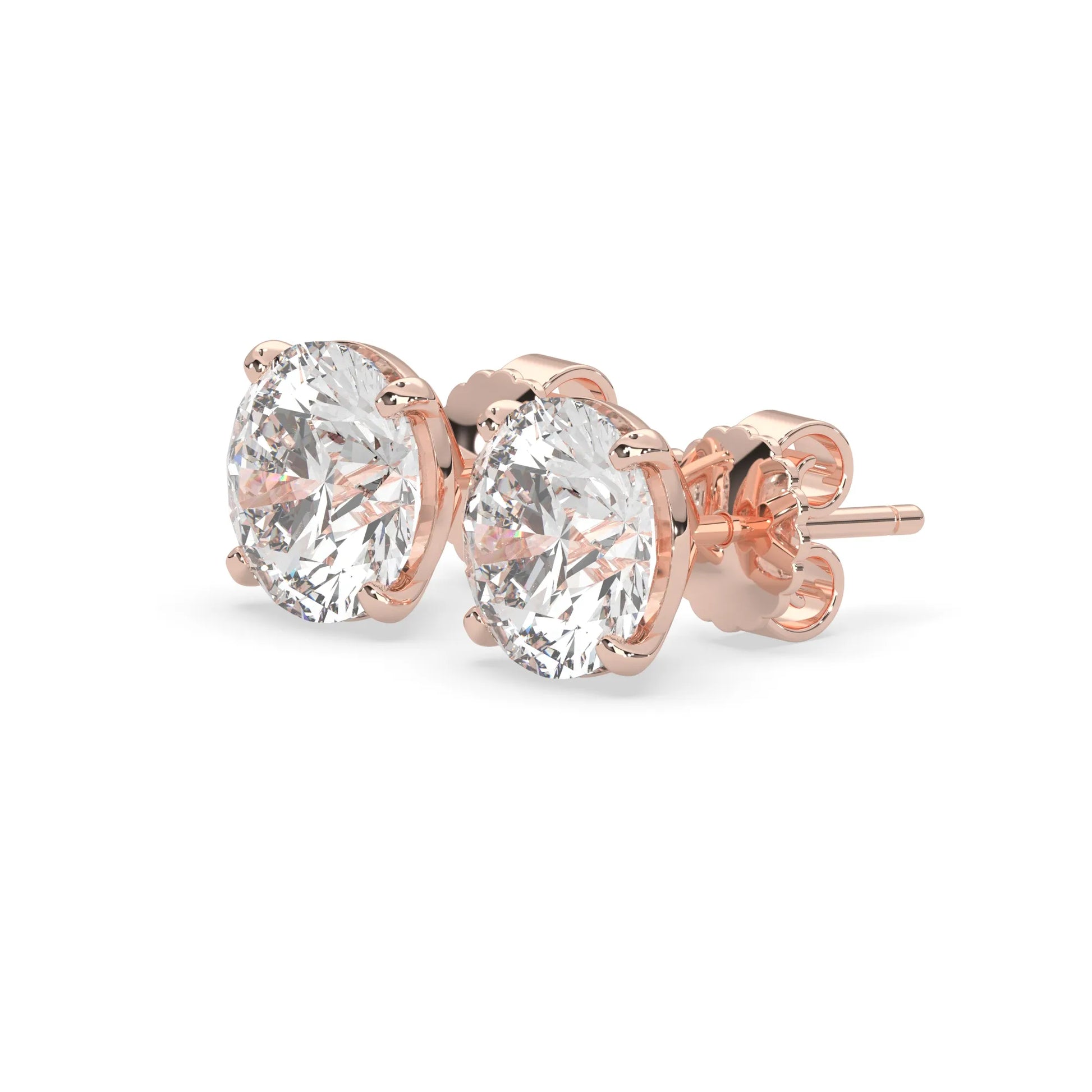 rose gold IGI Certified round cut lab grown diamond stud earrings featuring 8.00 mm diamonds in a classic four-prong basket setting.
