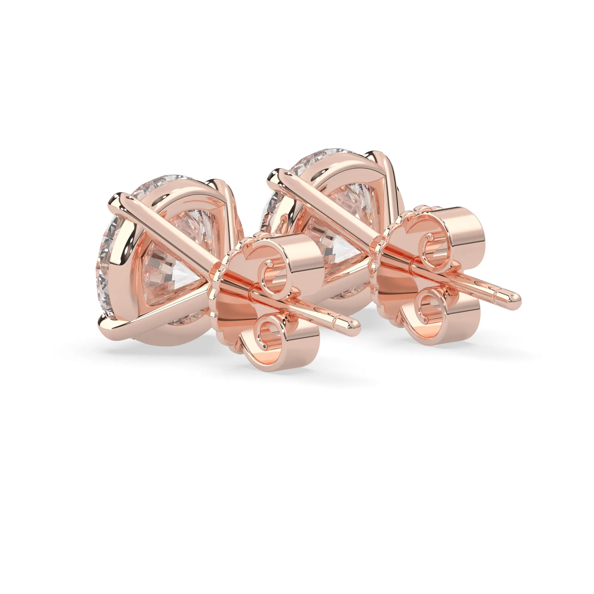rose gold IGI Certified round cut lab grown diamond stud earrings featuring 8.00 mm diamonds in a classic four-prong basket setting.
