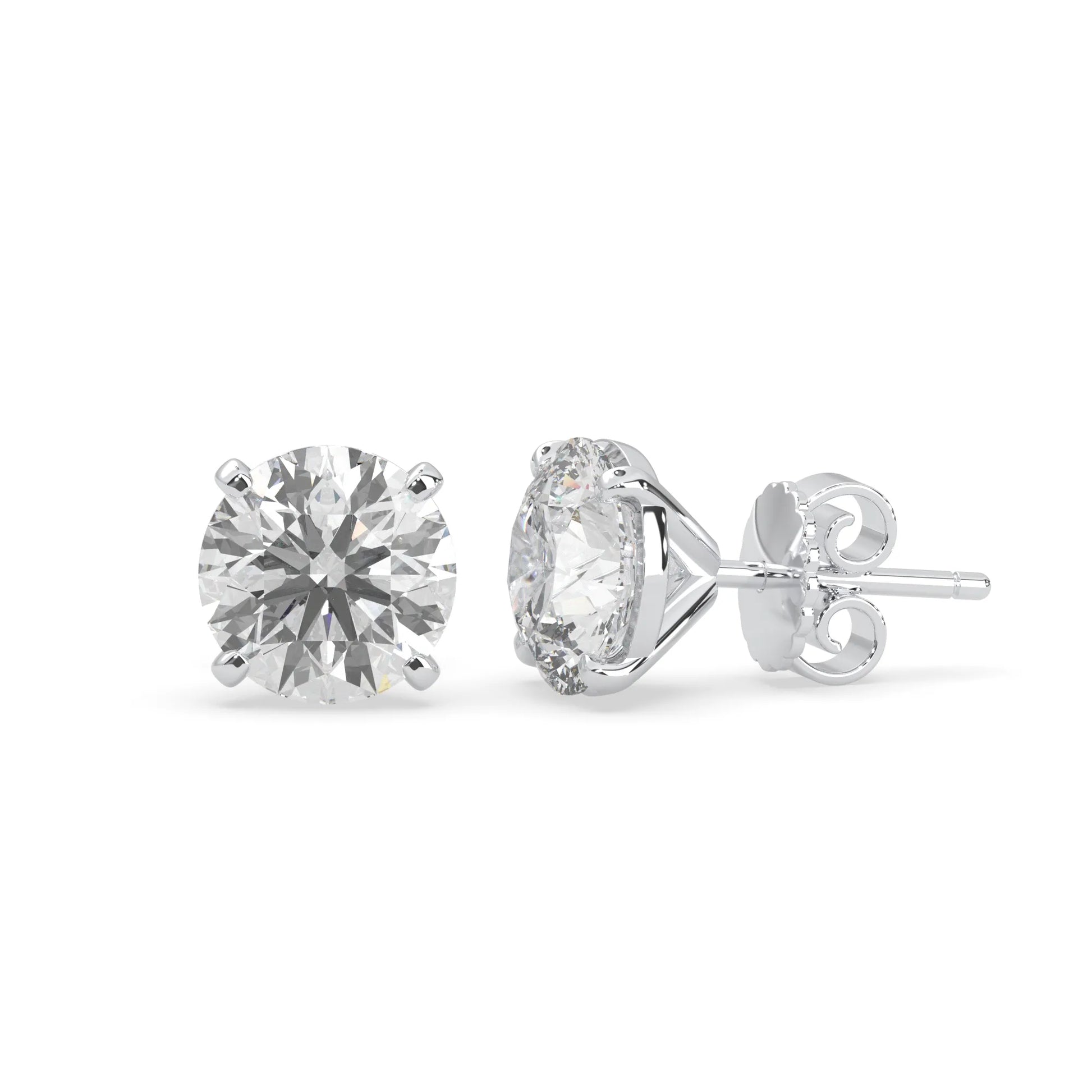 white gold IGI Certified round cut lab grown diamond stud earrings featuring 8.00 mm diamonds in a classic four-prong basket setting.