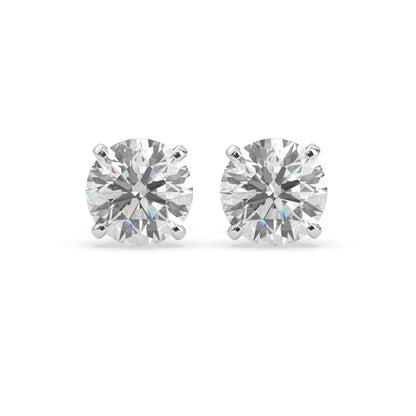 white gold IGI Certified round cut lab grown diamond stud earrings featuring 8.00 mm diamonds in a classic four-prong basket setting.