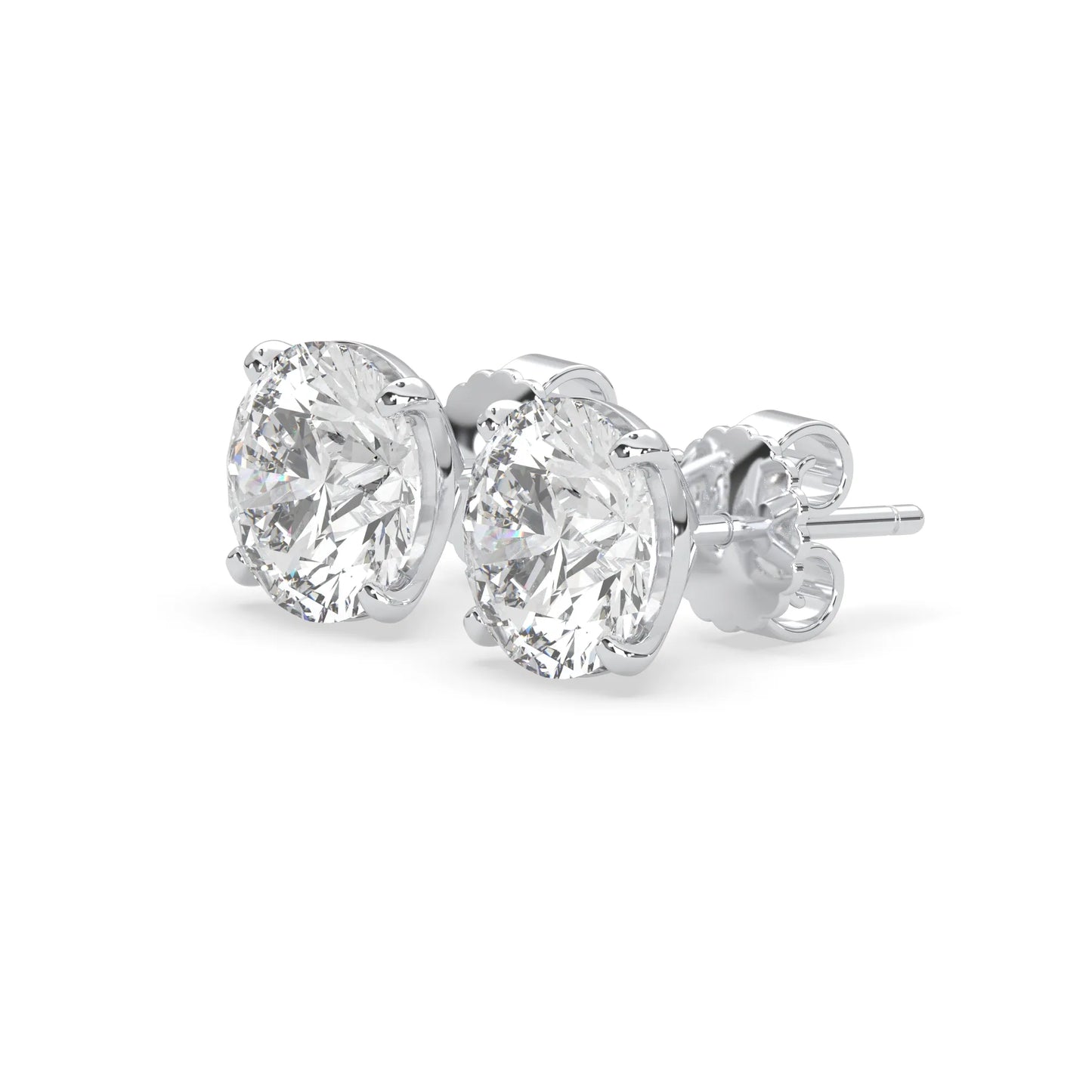 white gold IGI Certified round cut lab grown diamond stud earrings featuring 8.00 mm diamonds in a classic four-prong basket setting.