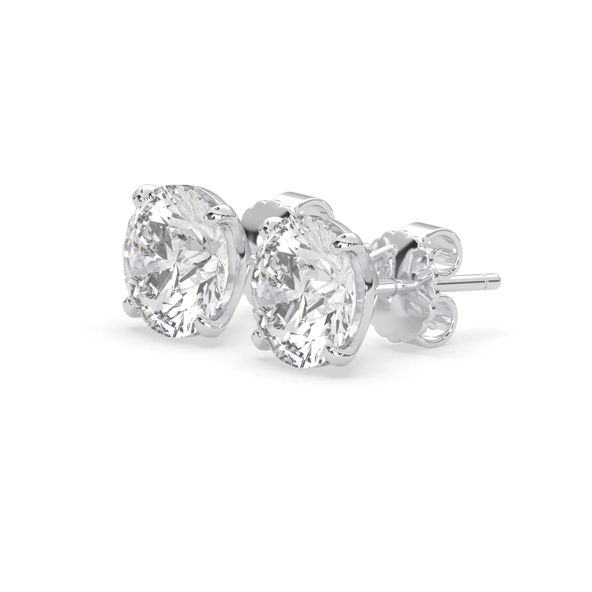white gold IGI Certified round cut lab grown diamond stud earrings featuring 8.00 mm diamonds in a classic four-prong basket setting.