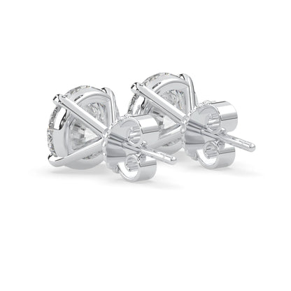 white gold IGI Certified round cut lab grown diamond stud earrings featuring 8.00 mm diamonds in a classic four-prong basket setting.