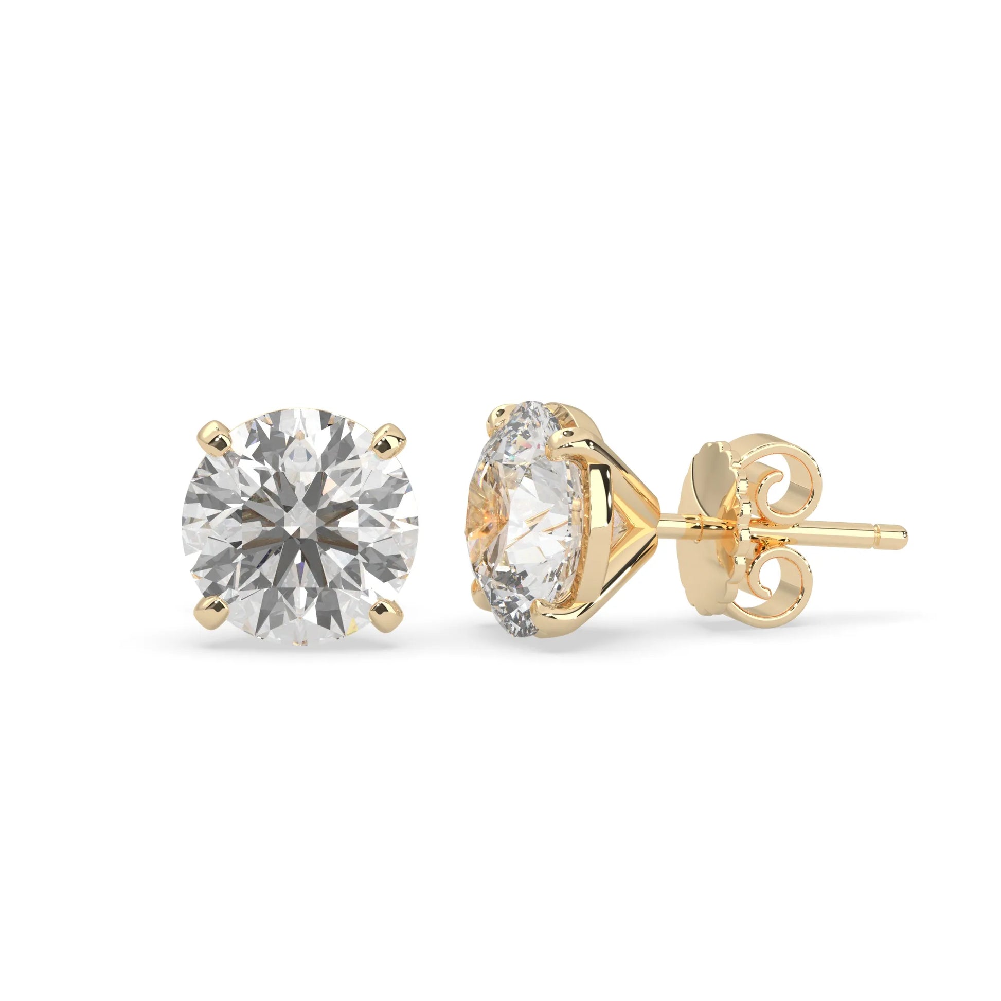 yellow gold IGI Certified round cut lab grown diamond stud earrings featuring 8.00 mm diamonds in a classic four-prong basket setting.