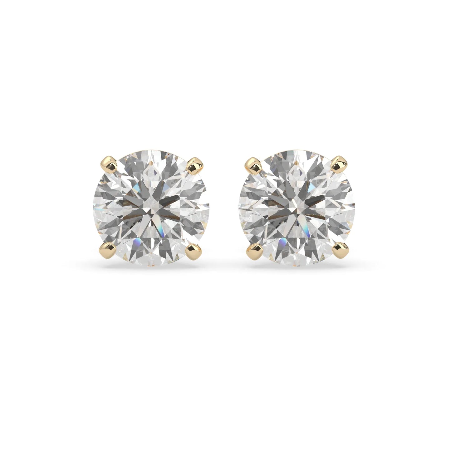 yellow gold IGI Certified round cut lab grown diamond stud earrings featuring 8.00 mm diamonds in a classic four-prong basket setting.