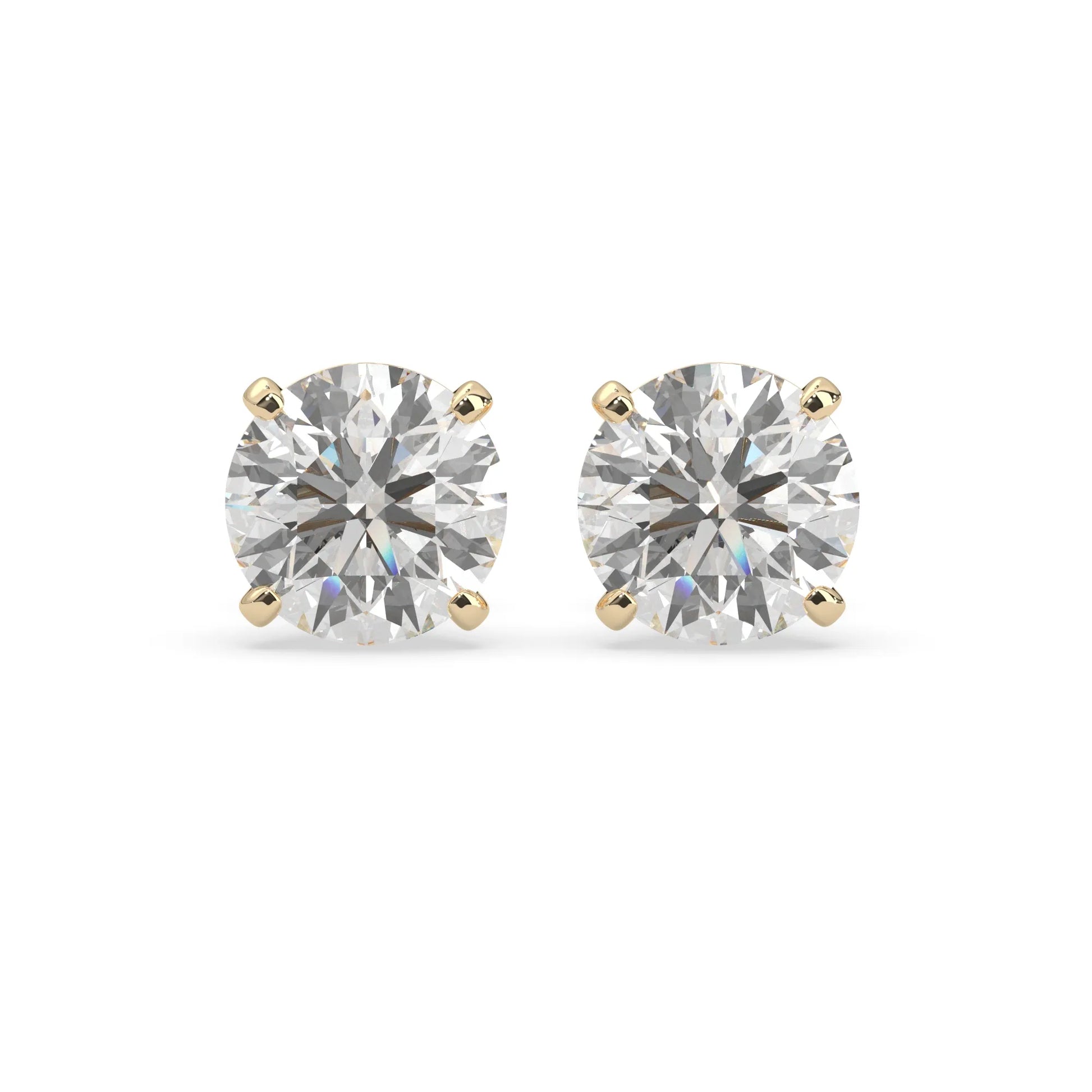 yellow gold IGI Certified round cut lab grown diamond stud earrings featuring 8.00 mm diamonds in a classic four-prong basket setting.