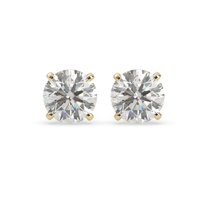 yellow gold IGI Certified round cut lab grown diamond stud earrings featuring 8.00 mm diamonds in a classic four-prong basket setting.