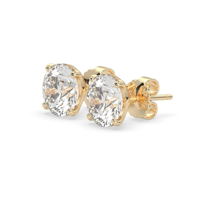 yellow gold IGI Certified round cut lab grown diamond stud earrings featuring 8.00 mm diamonds in a classic four-prong basket setting.