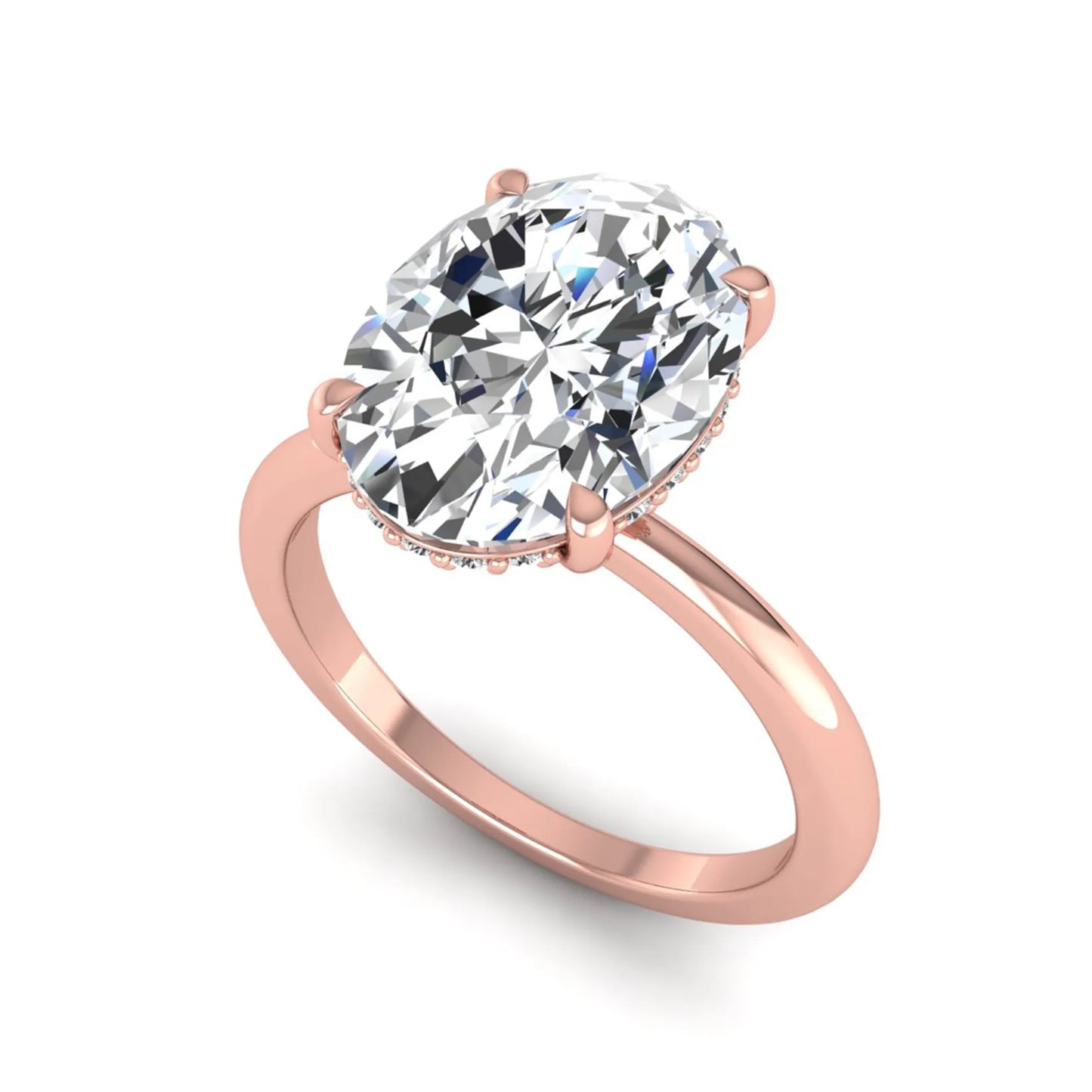IGI certified oval cut lab grown diamond engagement ring featuring a four-prong setting with a hidden halo of round accent diamonds in rose gold tone.