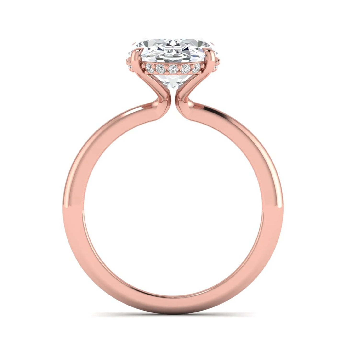 IGI certified oval cut lab grown diamond engagement ring featuring a four-prong setting with a hidden halo of round accent diamonds in rose gold tone.