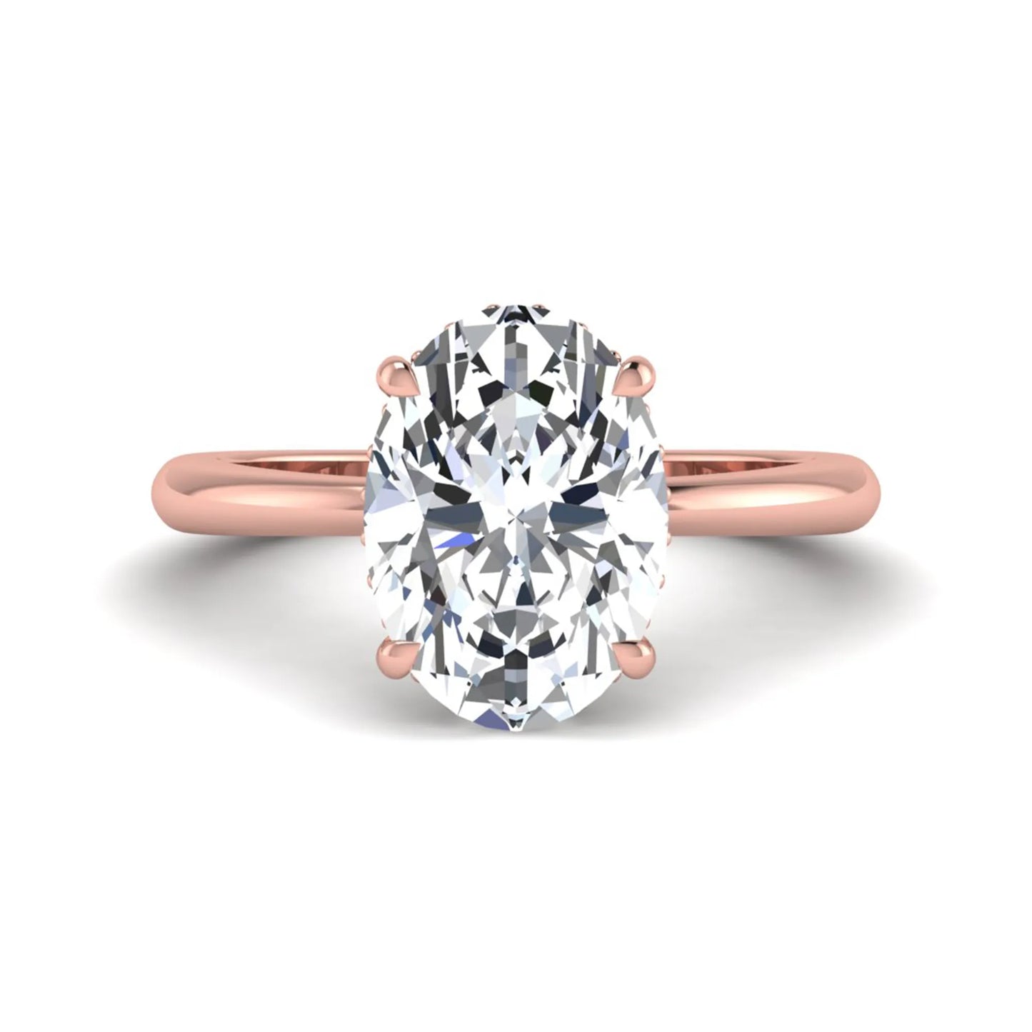 IGI certified oval cut lab grown diamond engagement ring featuring a four-prong setting with a hidden halo of round accent diamonds in rose gold tone.