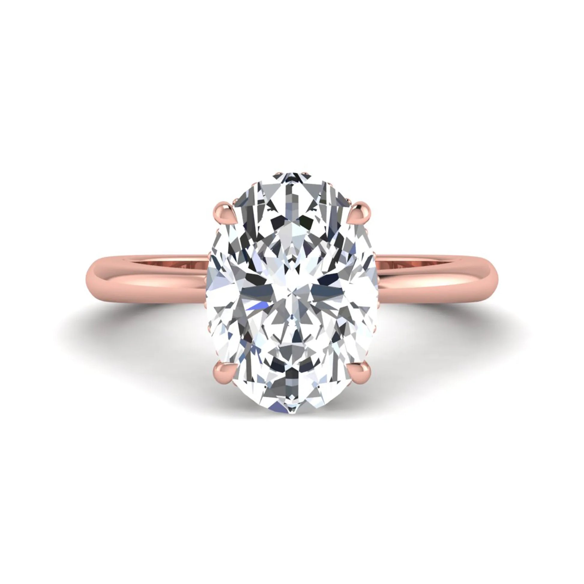 IGI certified oval cut lab grown diamond engagement ring featuring a four-prong setting with a hidden halo of round accent diamonds in rose gold tone.