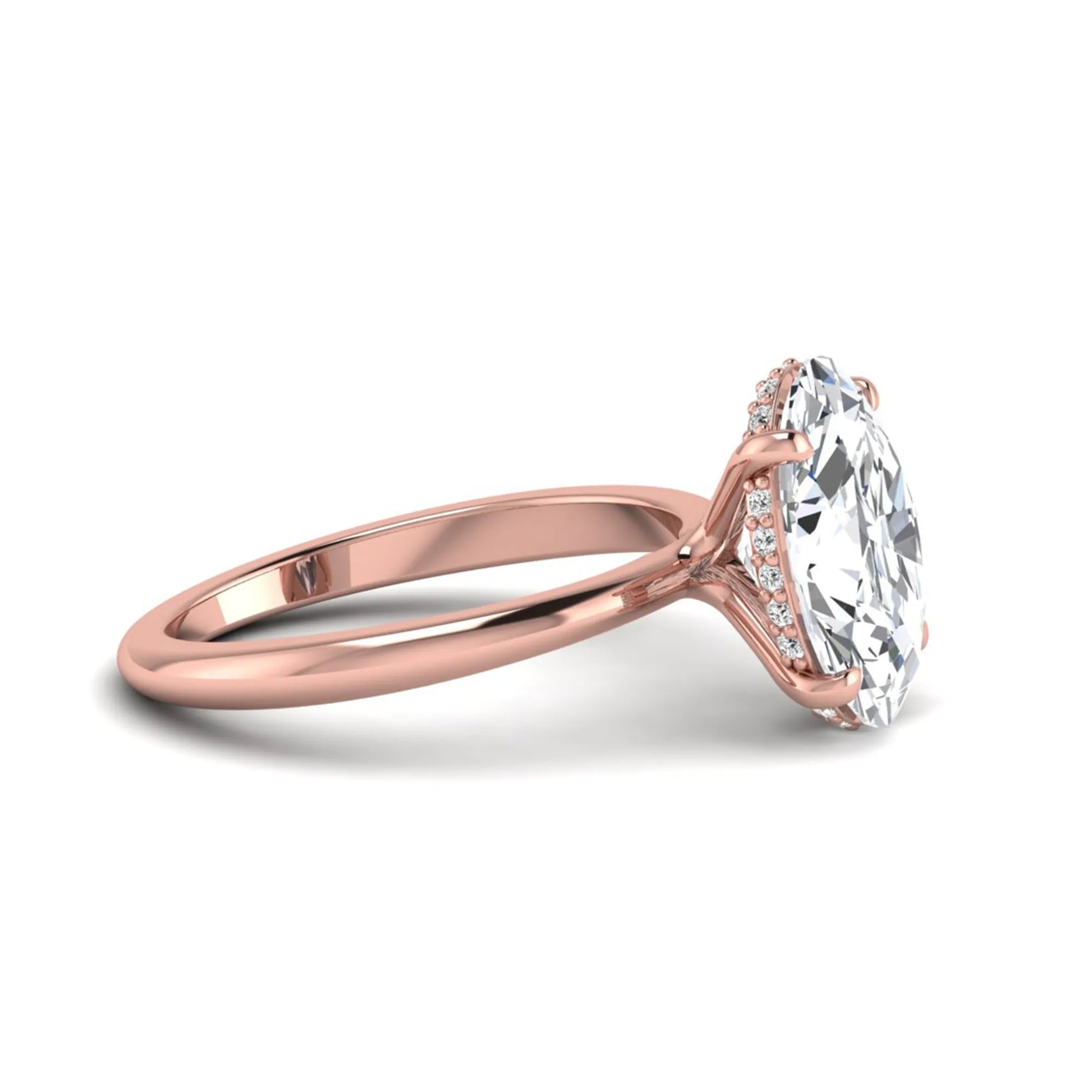 IGI certified oval cut lab grown diamond engagement ring featuring a four-prong setting with a hidden halo of round accent diamonds in rose gold tone.