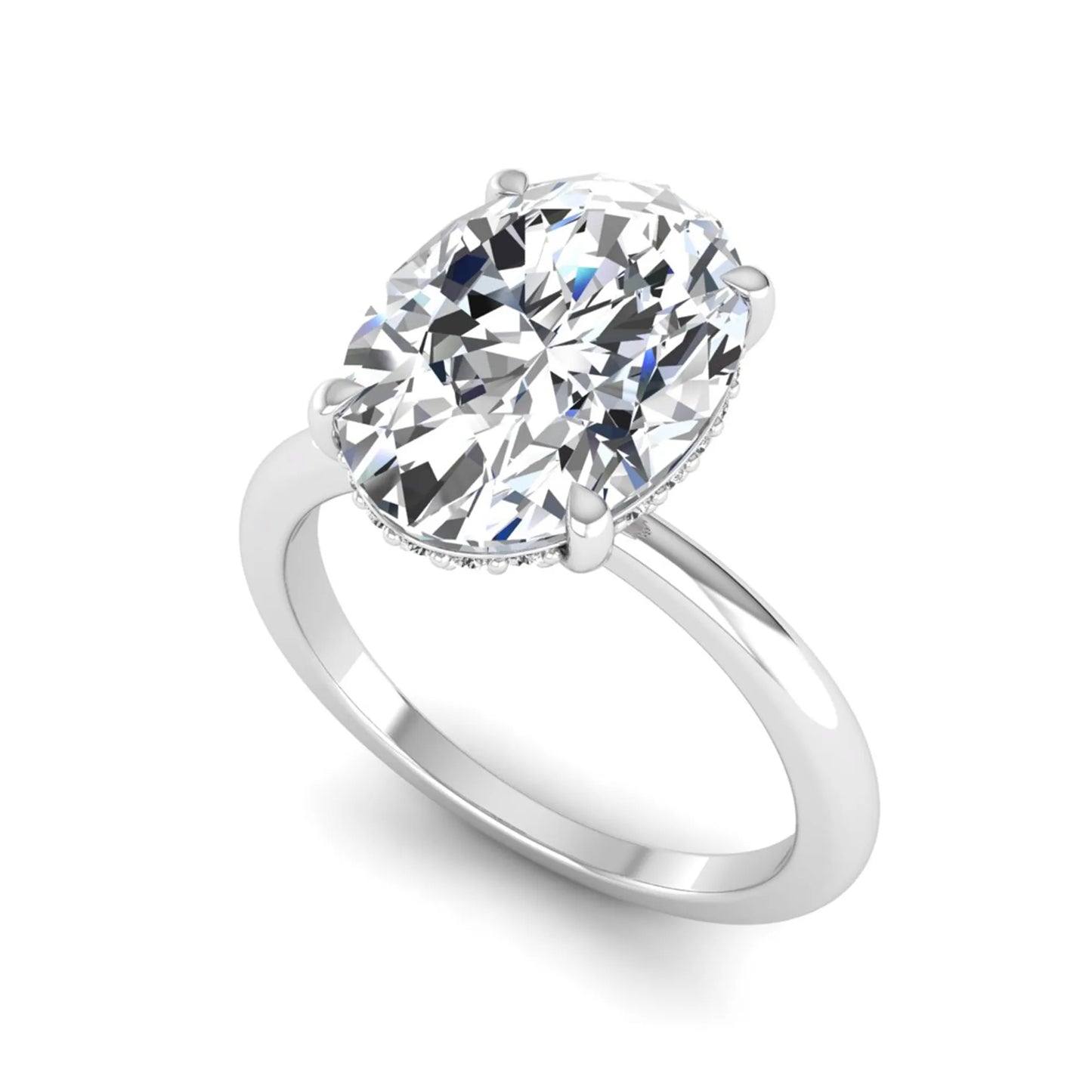 IGI certified oval cut lab grown diamond engagement ring featuring a four-prong setting with a hidden halo of round accent diamonds in white gold tone.
