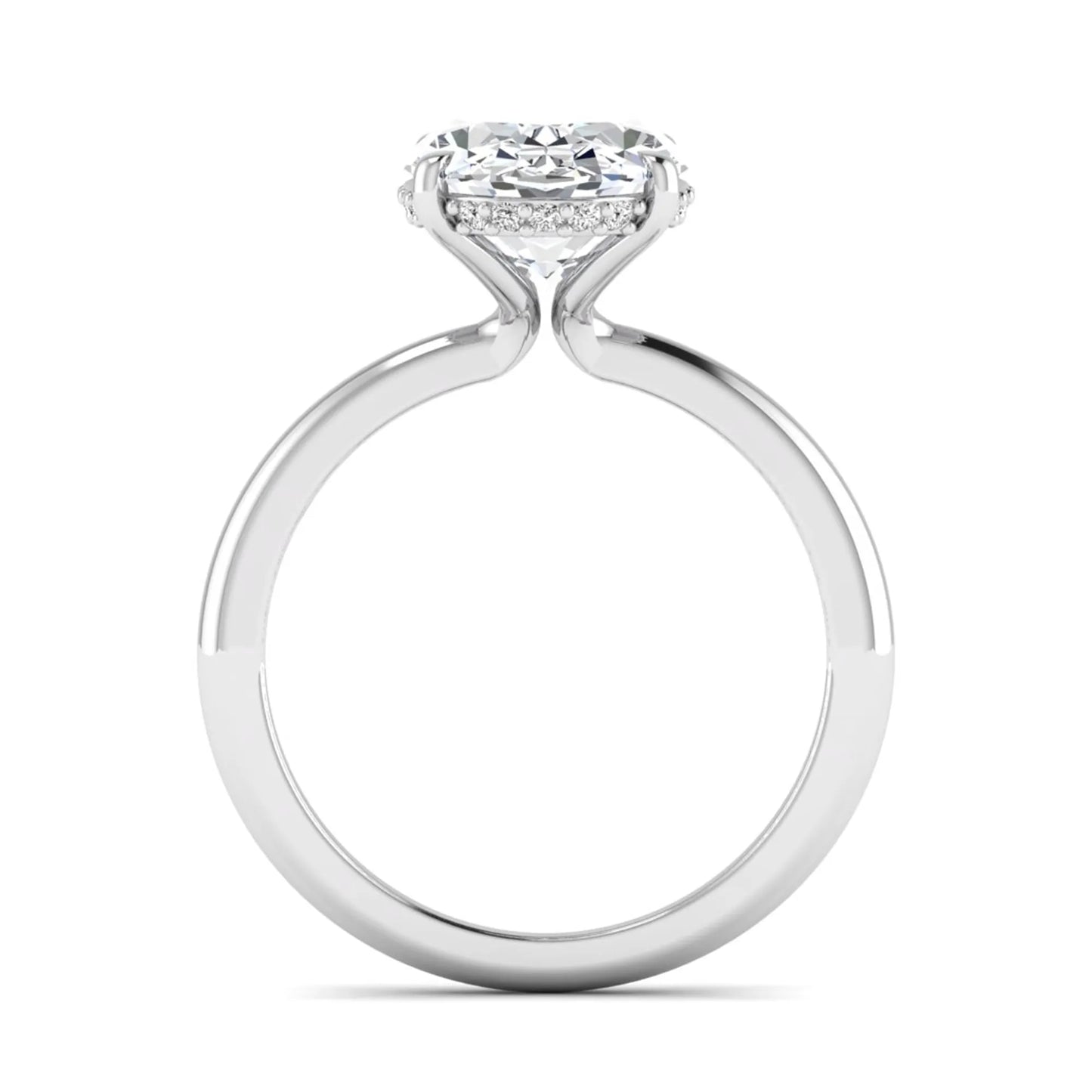 IGI certified oval cut lab grown diamond engagement ring featuring a four-prong setting with a hidden halo of round accent diamonds in white gold tone.
