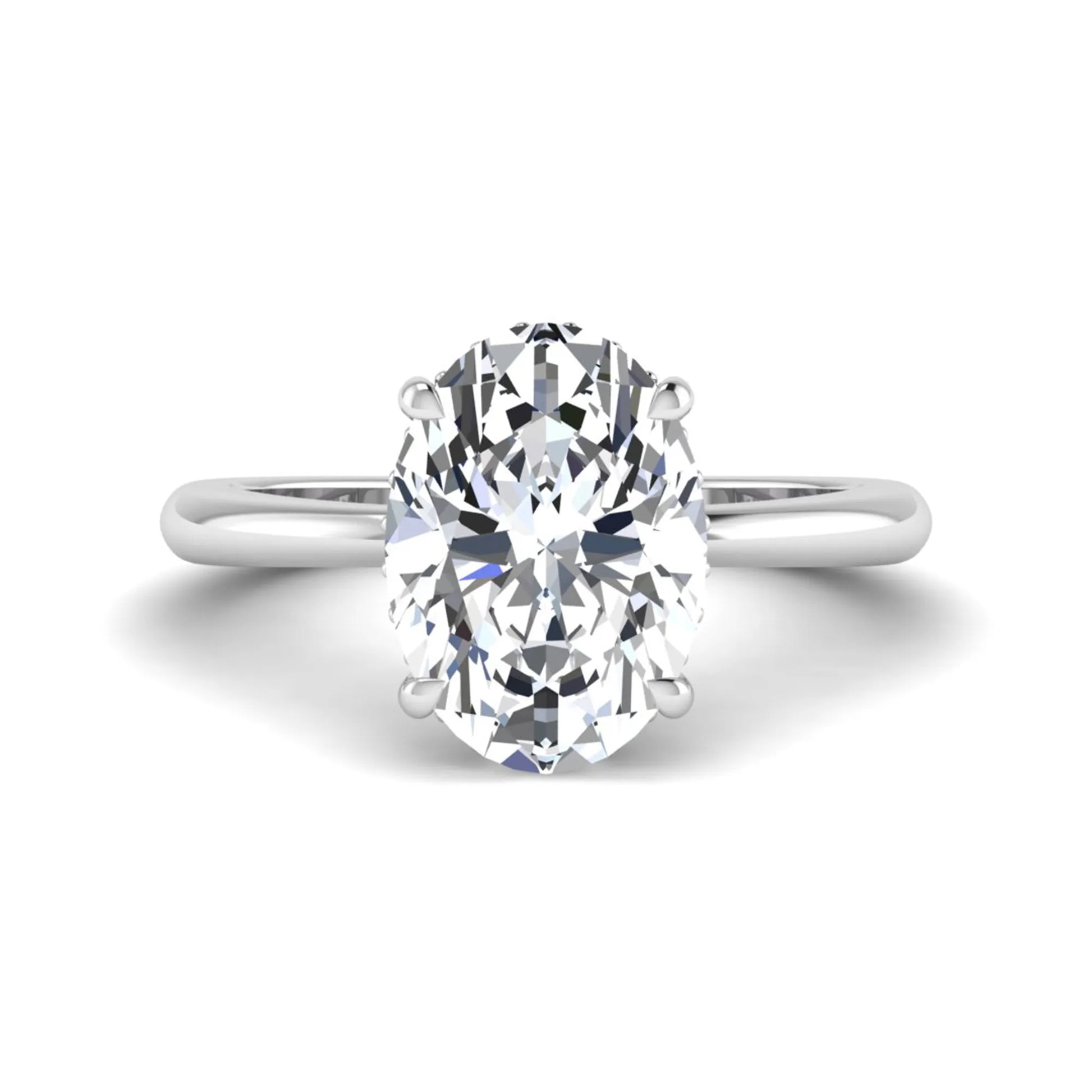 IGI certified oval cut lab grown diamond engagement ring featuring a four-prong setting with a hidden halo of round accent diamonds in white gold tone.