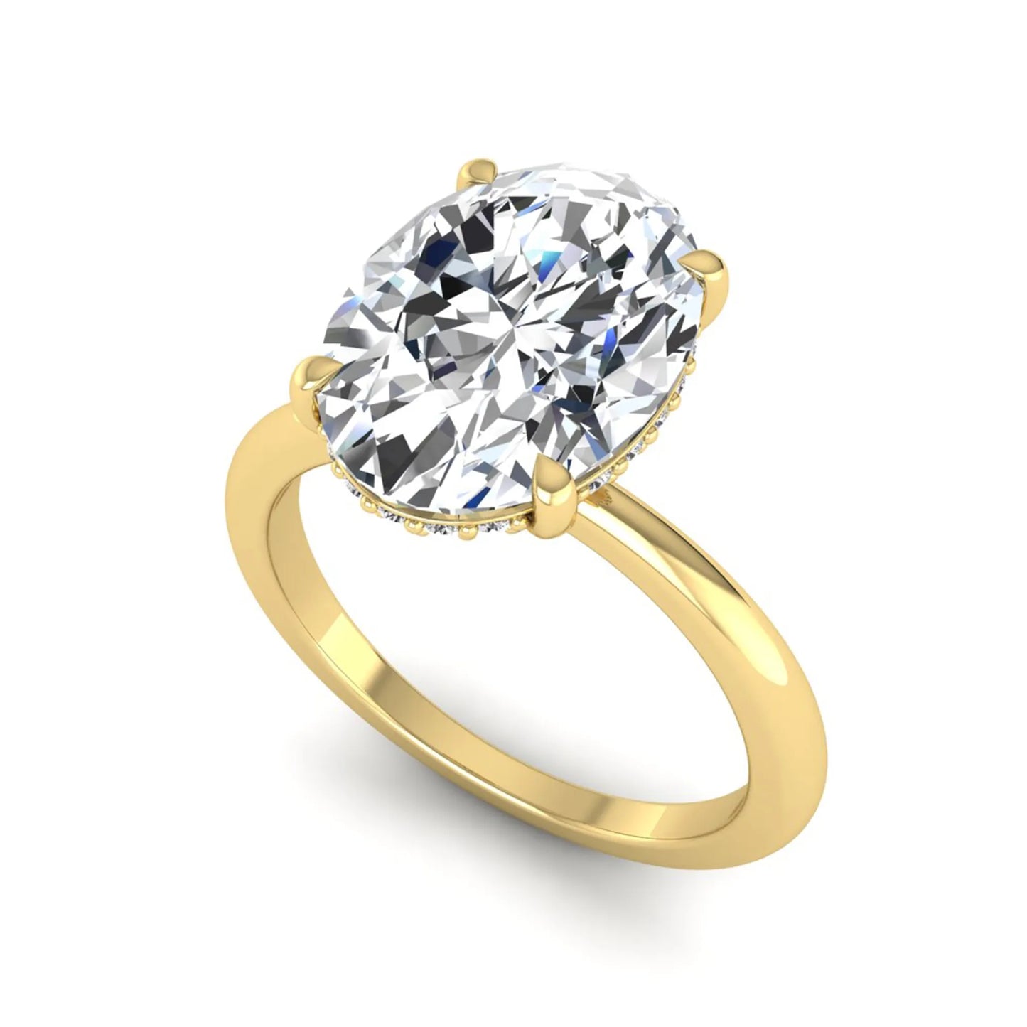 IGI certified oval cut lab grown diamond engagement ring featuring a four-prong setting with a hidden halo of round accent diamonds in yellow  gold tone.