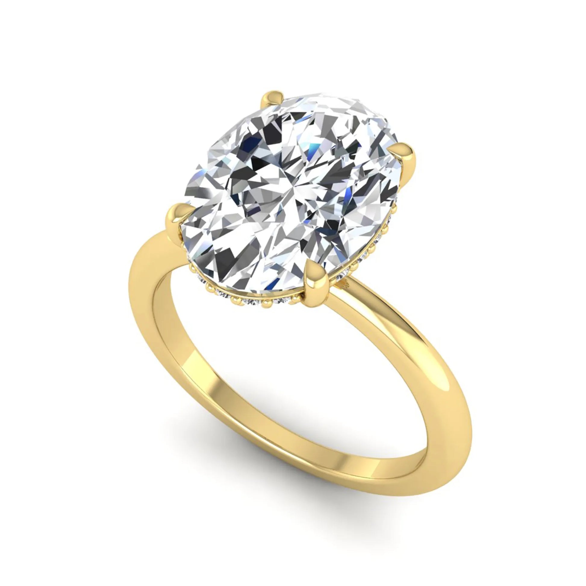 IGI certified oval cut lab grown diamond engagement ring featuring a four-prong setting with a hidden halo of round accent diamonds in yellow  gold tone.