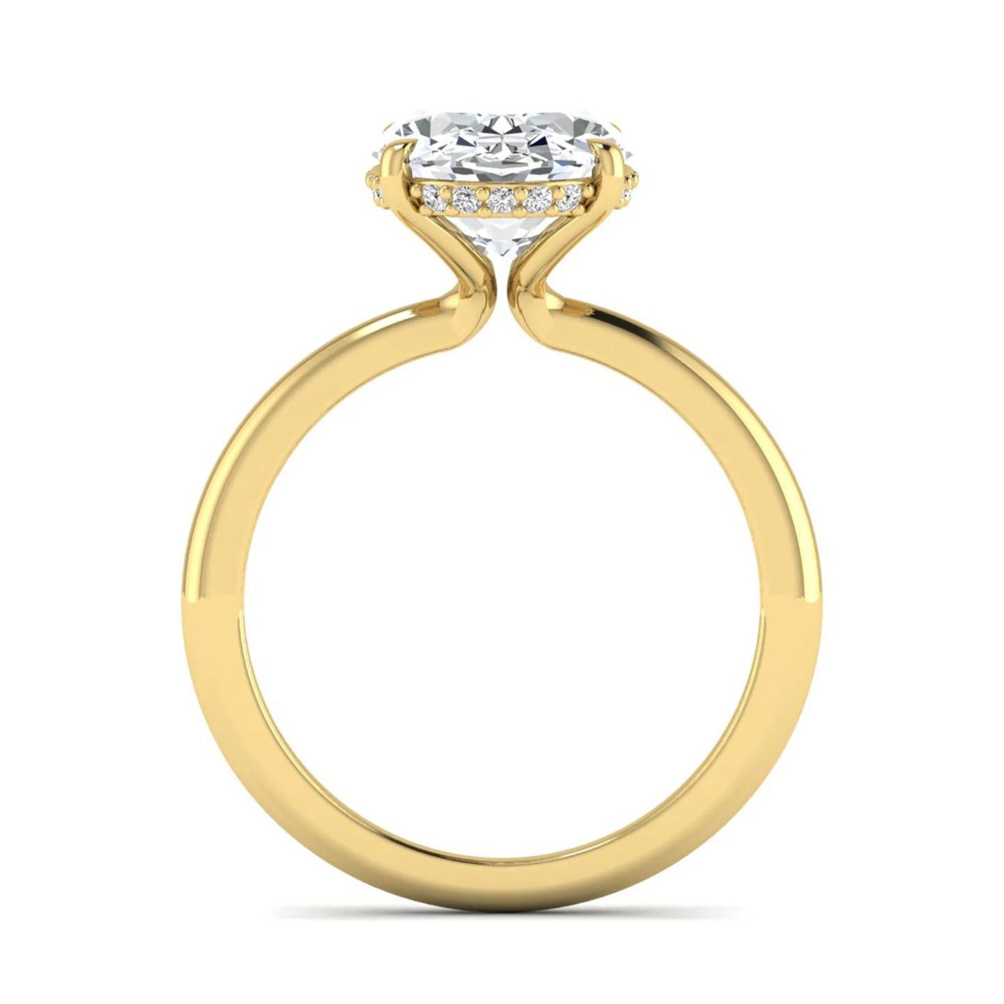 IGI certified oval cut lab grown diamond engagement ring featuring a four-prong setting with a hidden halo of round accent diamonds in yellow  gold tone.